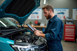 Mécanicien homme examinant un moteur Renault dans l'atelier