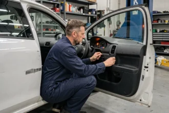 Mécanicien professionnel examinant le tableau de bord d'une Citroën C3 avec un voyant orange allumé dans un garage automobile