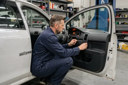 Mécanicien professionnel examinant le tableau de bord d'une Citroën C3 avec un voyant orange allumé dans un garage automobile