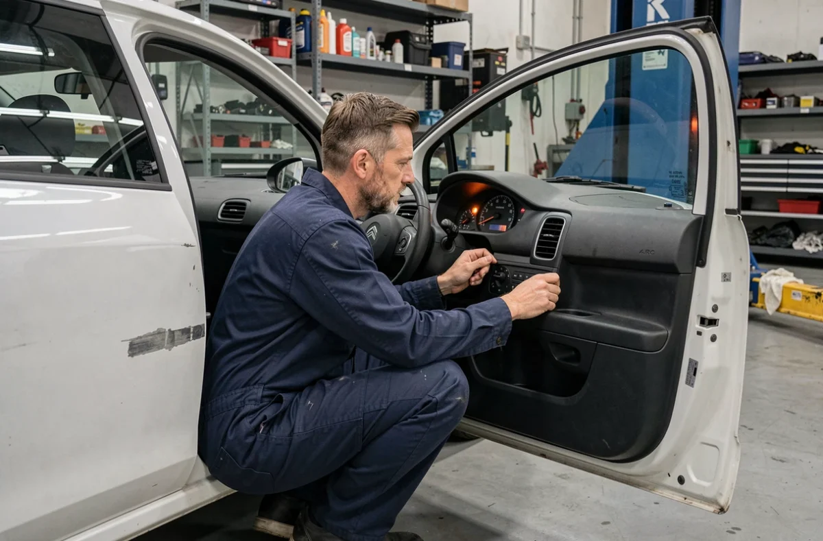 Mécanicien professionnel examinant le tableau de bord d'une Citroën C3 avec un voyant orange allumé dans un garage automobile