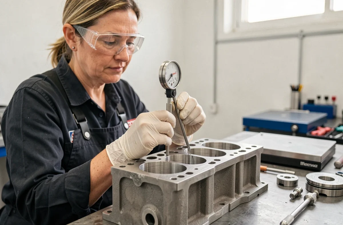 Préparatrice moteur mesurant le jeu piston-cylindre avec un comparateur sur un bloc moteur en cours de reconstruction dans un atelier spécialisé