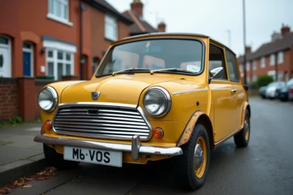 Mini Austin 1000 jaune ocre des années 1990 garée dans une rue britannique typique, vue de trois quarts avant, style voiture de Mr Bean