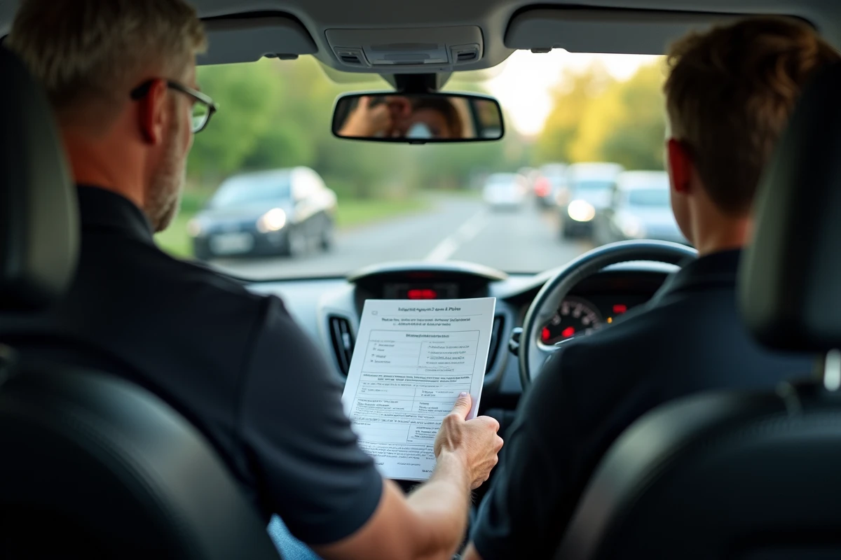 Moniteur d'auto-école expliquant une série de questions officielles du permis de conduire à partir d'un livret PDF dans un véhicule