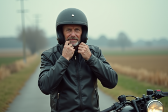 Motard homme en cuir ajustant son casque à la campagne