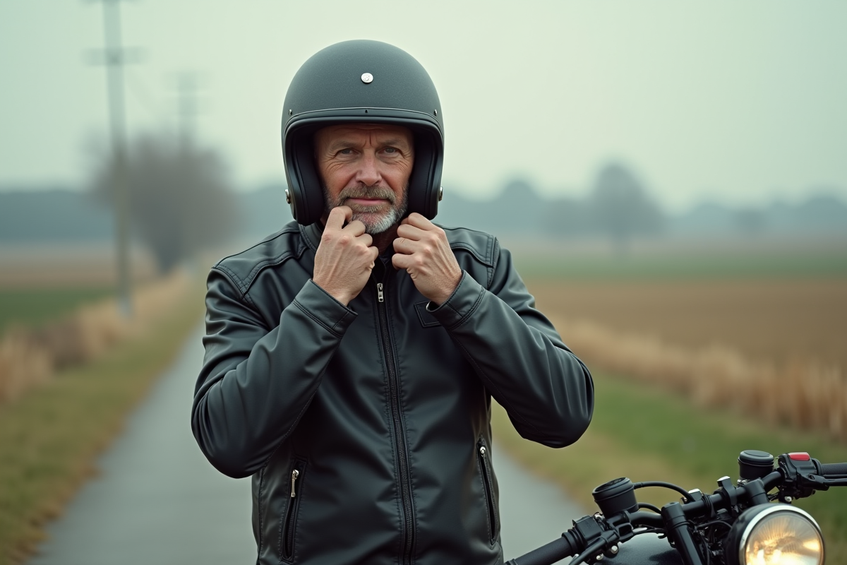 Motard homme en cuir ajustant son casque à la campagne