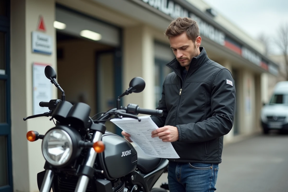 Motard consultant ses documents devant un centre de contrôle technique moto avec sa moto garée
