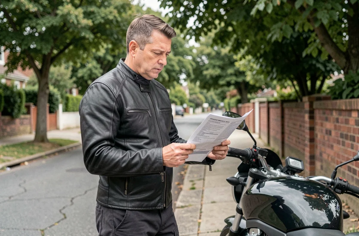 Un motard examine son contrat d'assurance moto à côté de sa moto garée dans une rue résidentielle