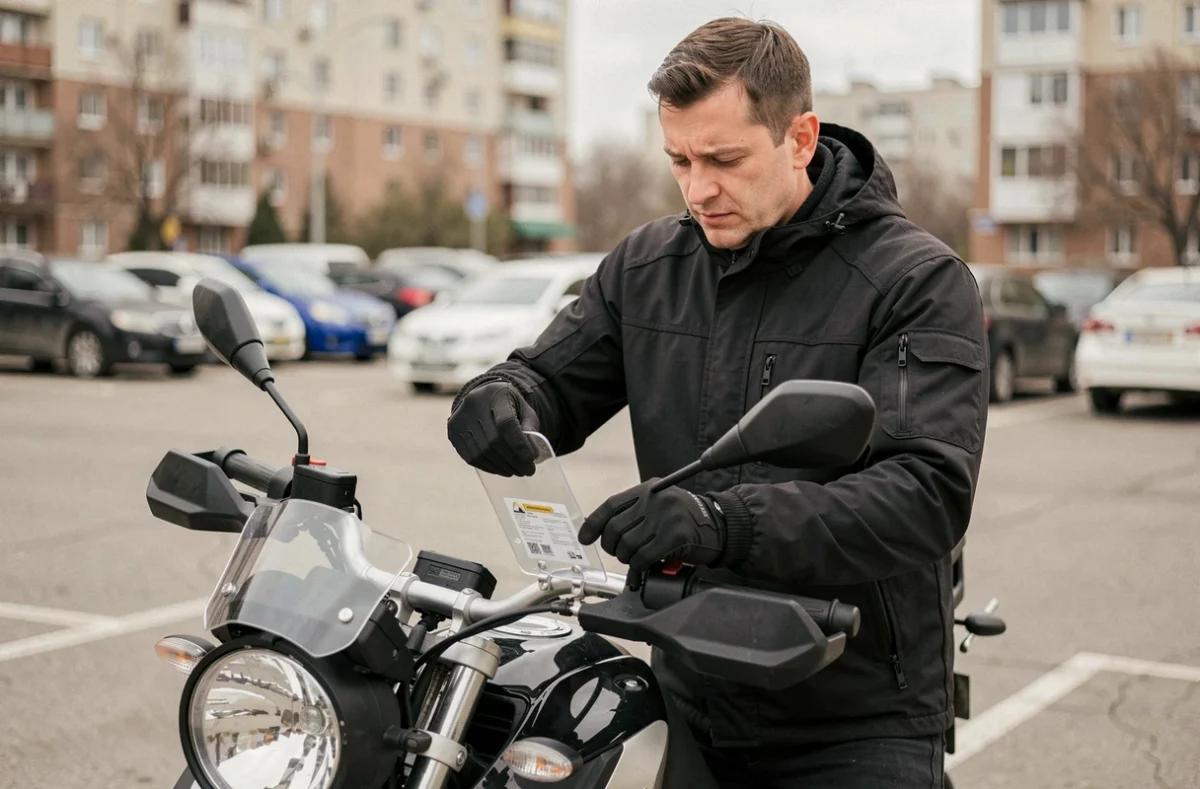 Motard installant un porte vignette assurance homologué sur le guidon de sa moto adventure en parking urbain