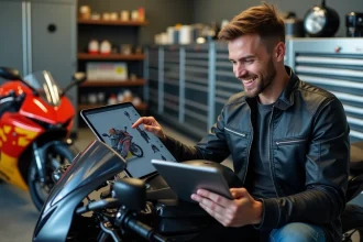 Jeune motard regardant une simulation de wrap moto sur tablette