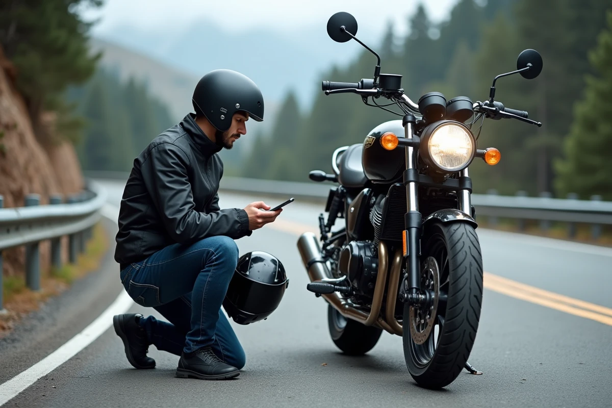 Motard vérifiant l'indice de charge du pneu avant de sa moto de tourisme au bord d'une route de montagne