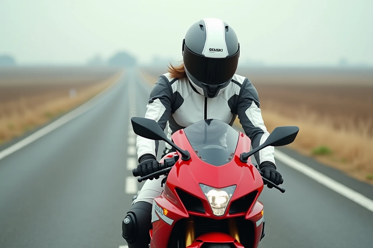 Jeune motarde en combinaison assise sur une GSX-R 750 rouge sur route de campagne, consultant les restrictions de puissance pour le permis A2