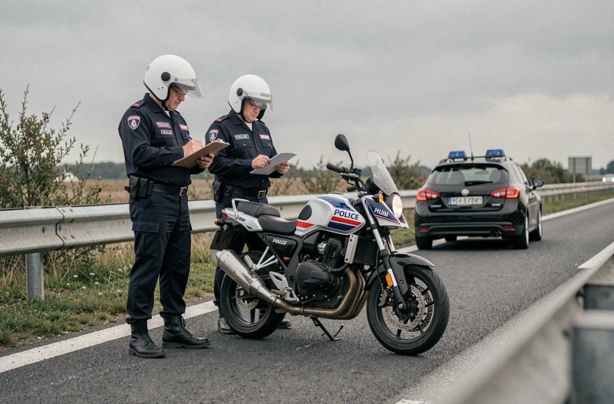 Motards de la police nationale contrôlant les documents d'assurance d'un véhicule sur une autoroute française