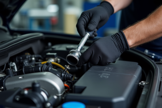 Moteur de voiture avec vanne EGR mise en évidence dans un garage