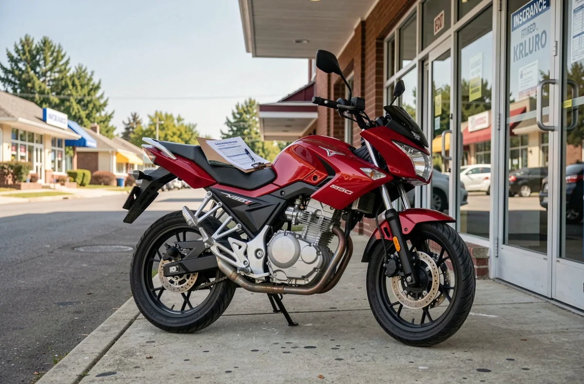 Moto 125cc rouge garée devant une agence d'assurance avec un devis sur presse-papiers