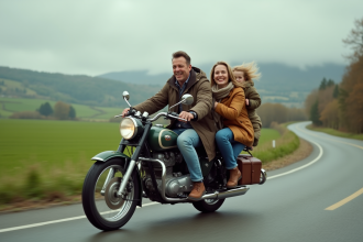 Trois personnes en voyage à moto avec sidecar sur route rurale