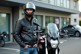 Homme avec moto 1200cc devant centre de permis
