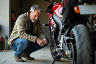 Homme inspectant la chaîne de sa moto Honda CBR 1000 F