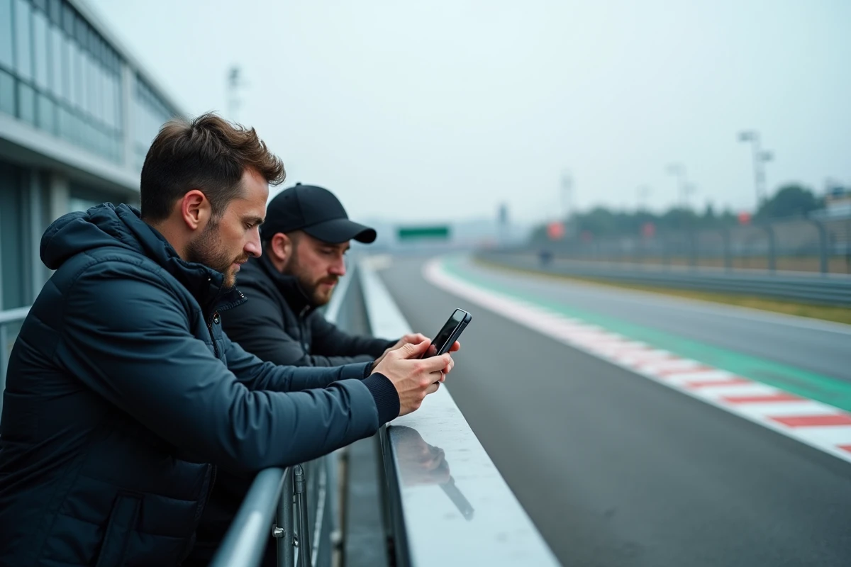 Deux passionnés de sports mécaniques consultant une application de sélection de circuits sur smartphone depuis le muret des stands