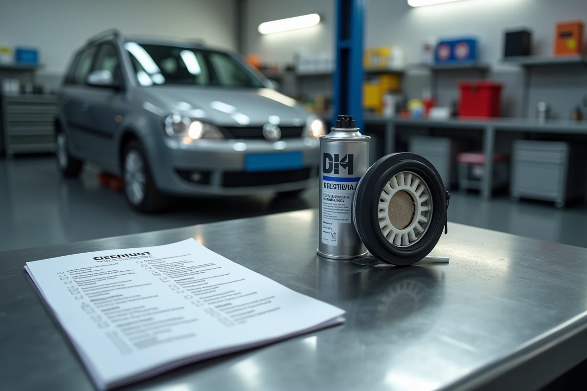 Filtre à particules diesel posé sur un établi avec spray de nettoyage et checklist d'entretien préventif en centre automobile