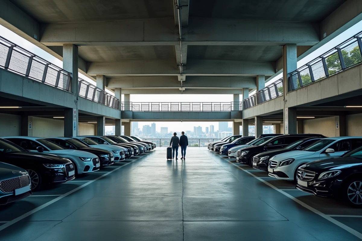 Parking extérieur organisé avec voitures garées et signalétique près du centre d'exposition du Salon de l'automobile de Paris