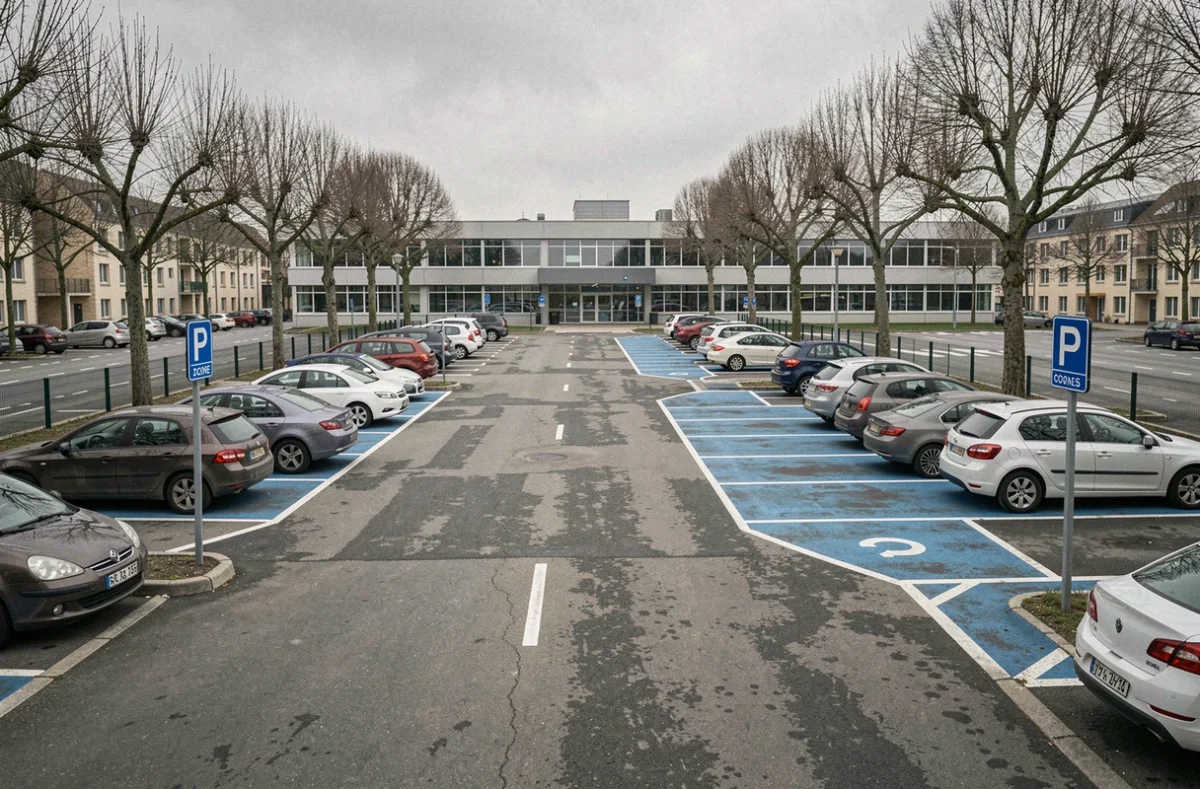 Vue large d'un parking zone bleue avec marquages au sol et panneaux de signalisation en ville
