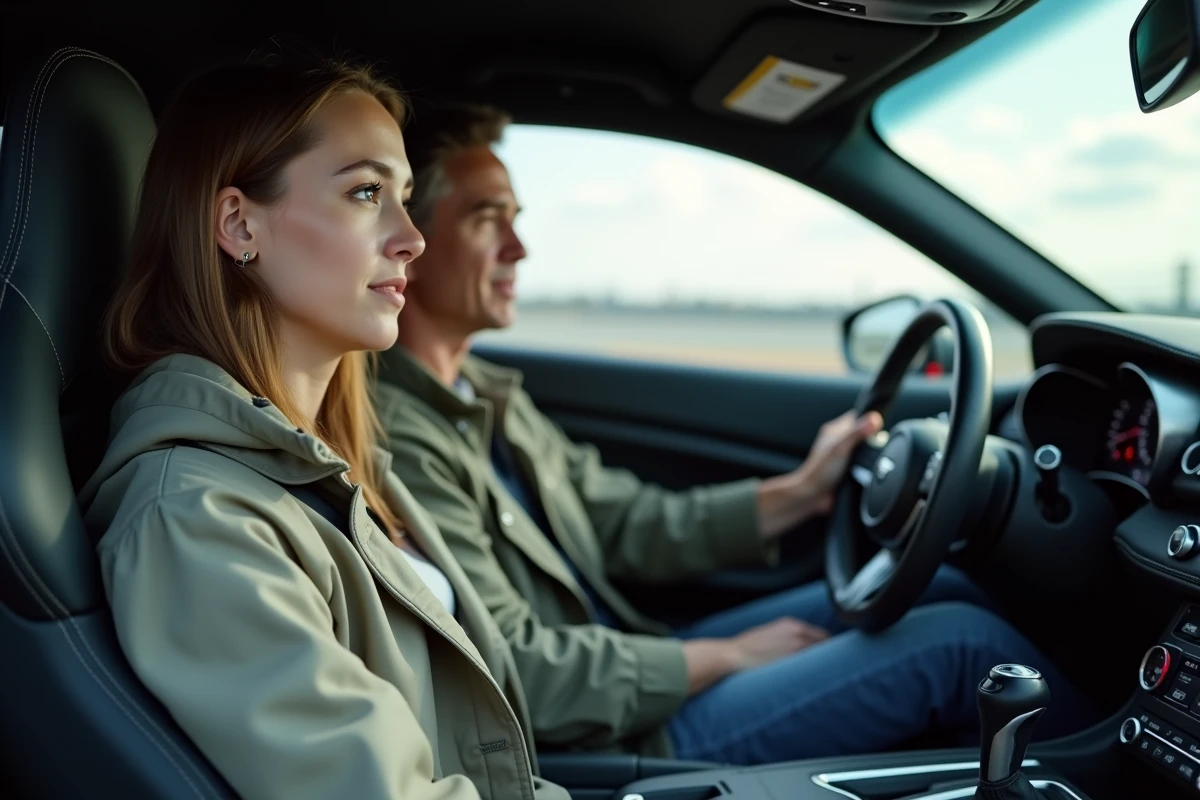 Jeune femme dans voiture de sport avec instructeur