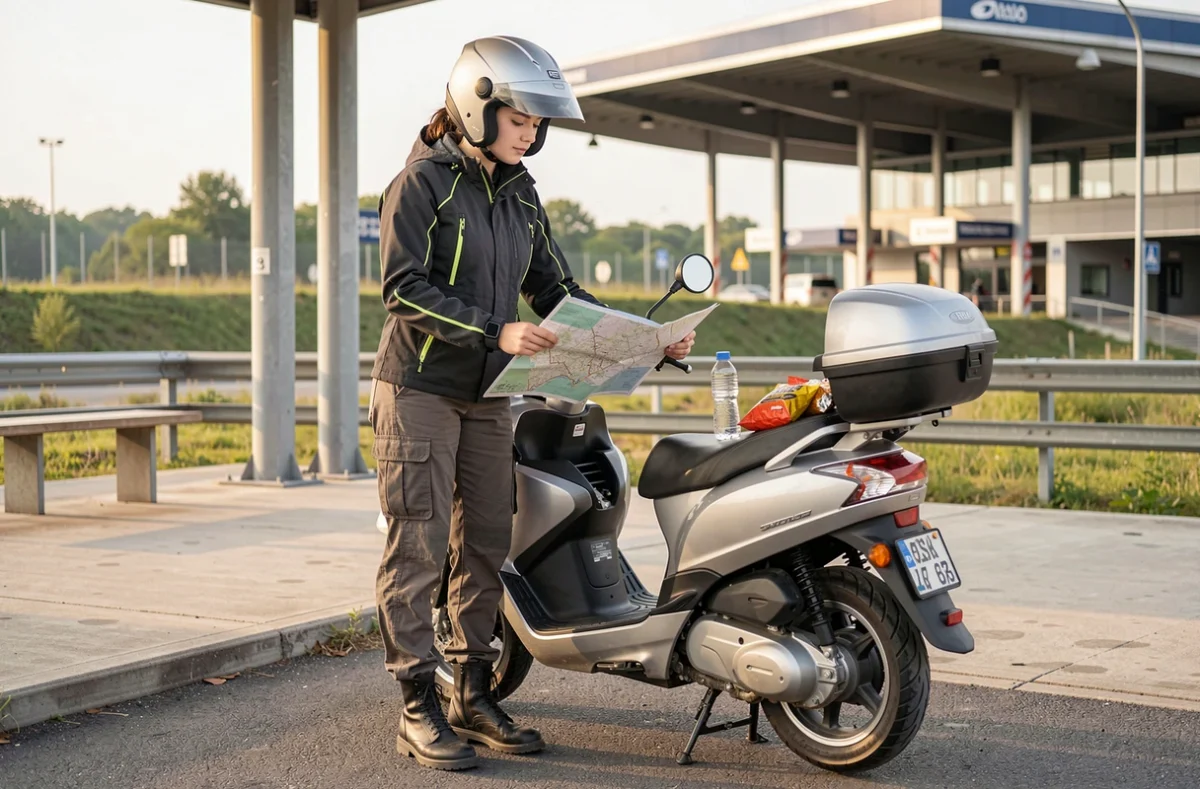 Femme motarde faisant une pause dans une aire d'autoroute avec son scooter 125cc chargé pour un voyage longue distance