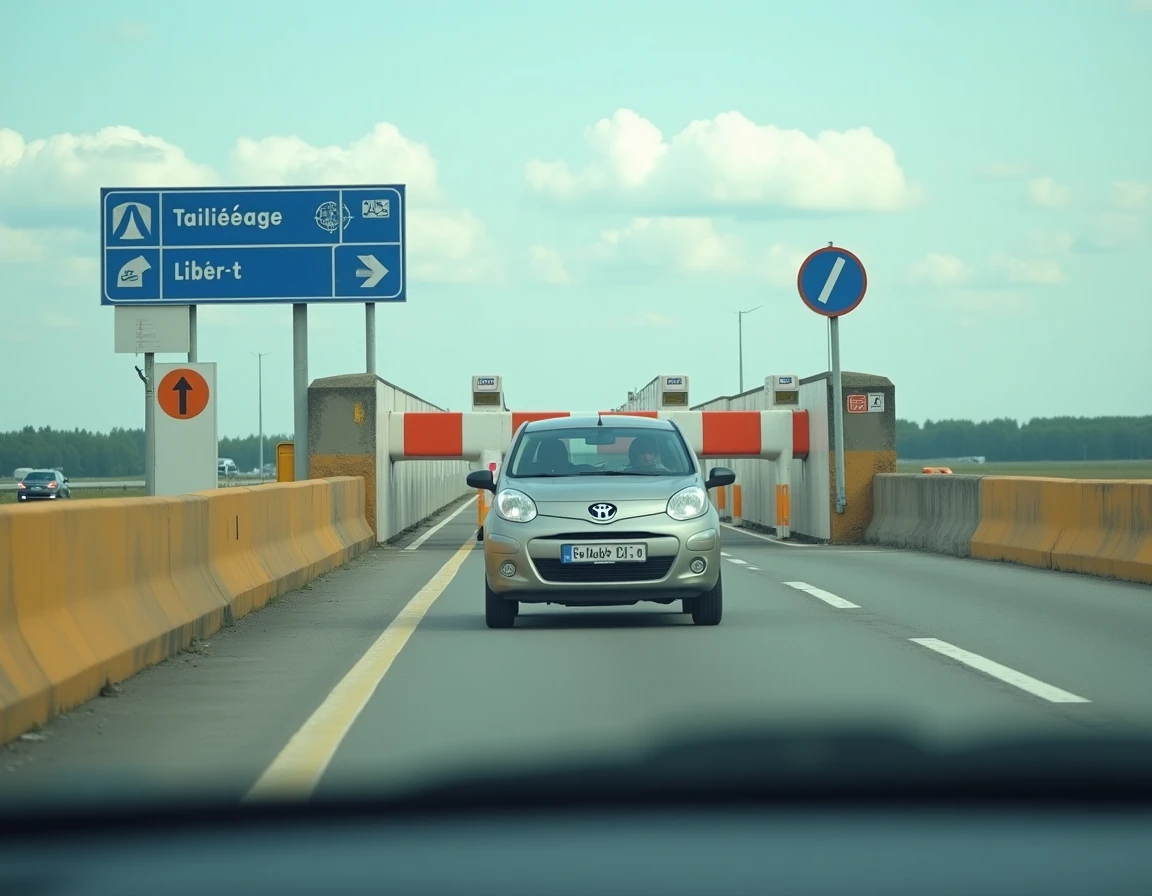 Péage d'autoroute en France avec barrières et signalisation typique lors d'un trajet depuis Paris vers le sud