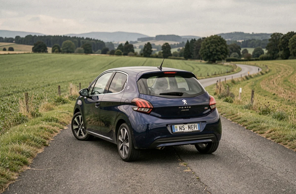 Peugeot 208 bleue marine sur une route de campagne sinueuse entourée de champs verts