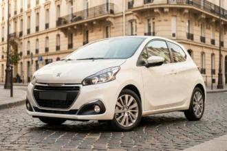 Peugeot 208 blanche garée dans une rue pavée de Paris, vue de face en trois quarts