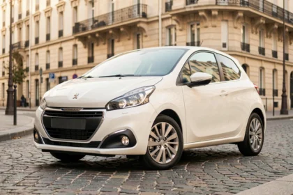 Peugeot 208 blanche garée dans une rue pavée de Paris, vue de face en trois quarts