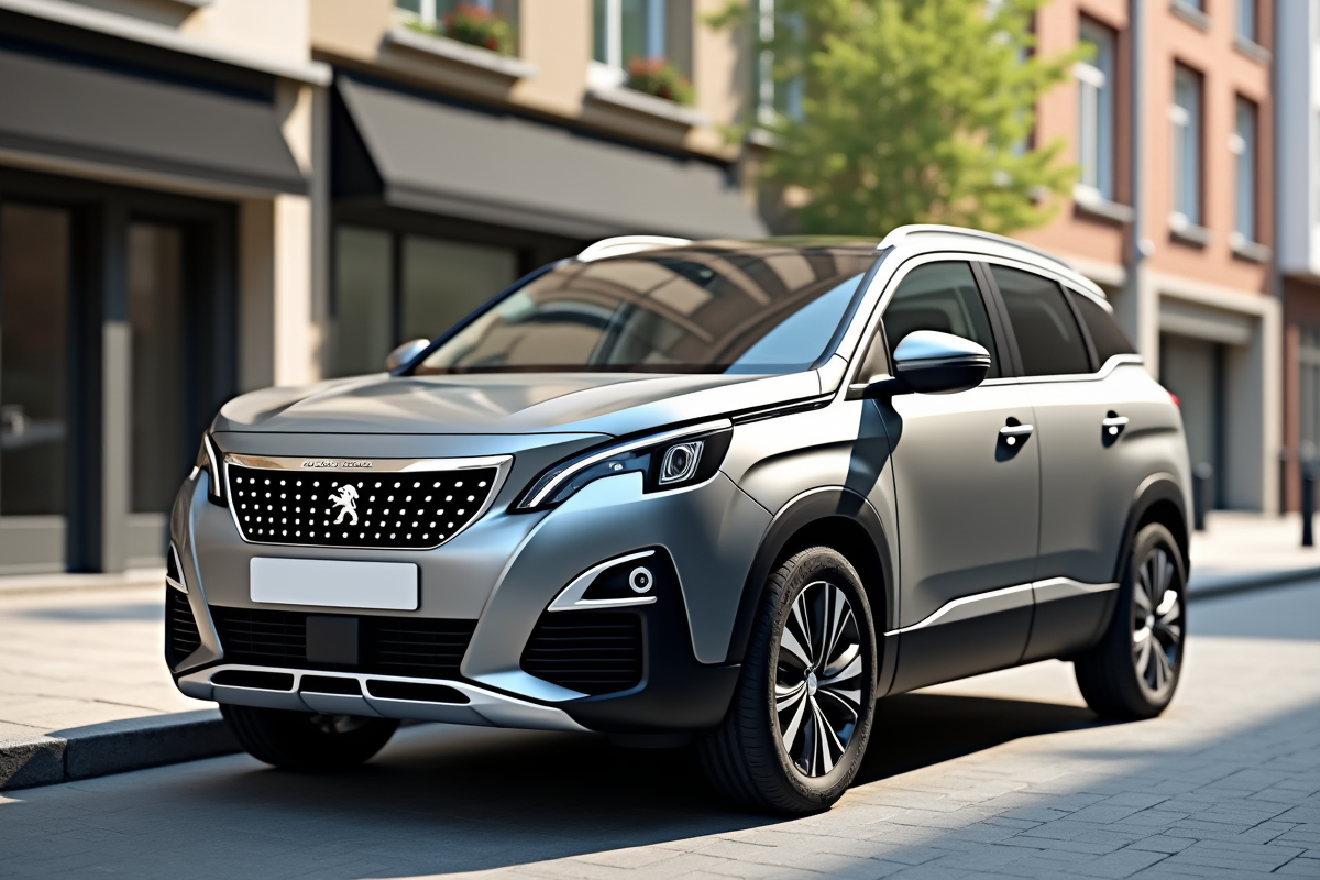 Voiture Peugeot 3008 grise en ville en plein soleil