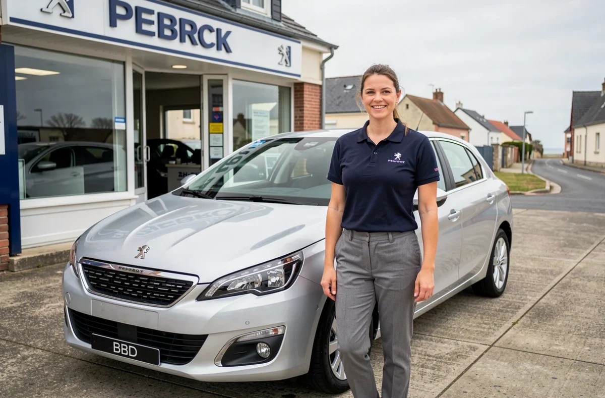 Conseillère commerciale de Peugeot Berck Mary Automobiles présentant un véhicule d'occasion Peugeot 308 devant la concession
