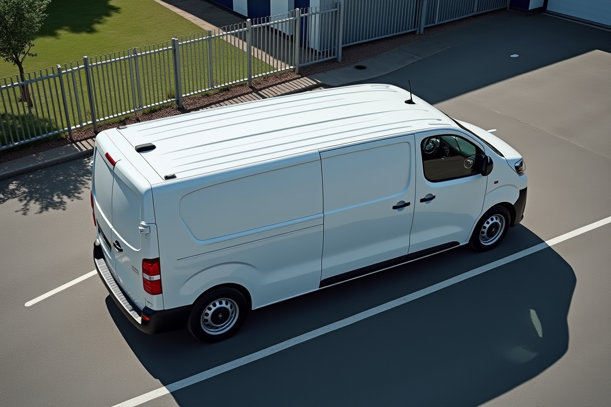 Vue aérienne du Peugeot Expert près d’un entrepôt