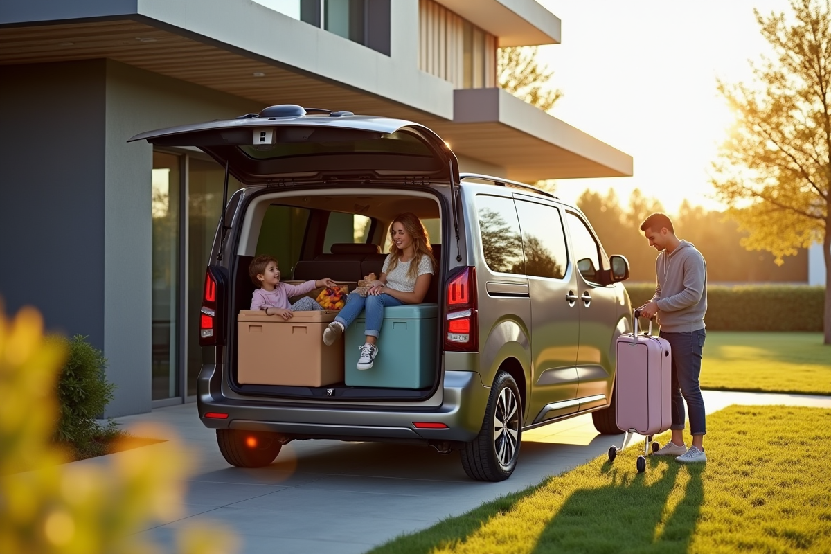 Peugeot Rifter 7 places devant une maison moderne avec famille