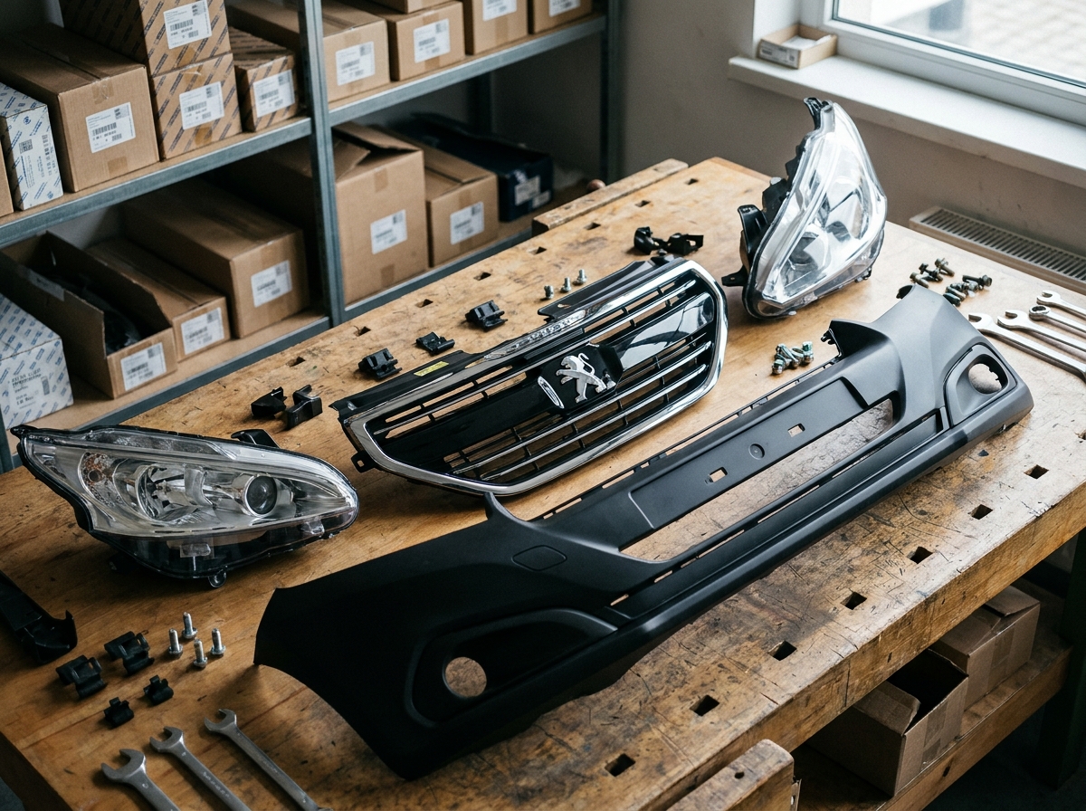 Pièces neuves de face avant Peugeot 208 disposées sur un établi d'atelier, incluant calandre, bouclier et optique avant