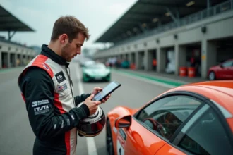 Pilote de circuit analysant ses données de tour sur tablette dans le paddock avec sa voiture de piste