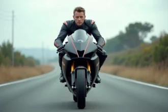 Pilote en combinaison de cuir noir sur une moto superbike puissante sur une route ouverte à travers la campagne
