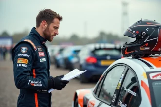 Pilote de rallye en tenue de course regarde des documents d'assurance