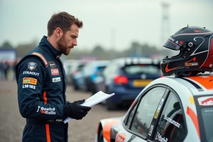 Pilote de rallye en tenue de course regarde des documents d'assurance