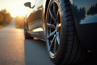 Gros plan d'un pneu de voiture moderne avec bande de roulement détaillée
