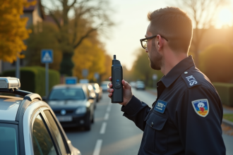 Agent de police contrôlant un conducteur avec un éthylotest sur une rue ensoleillée