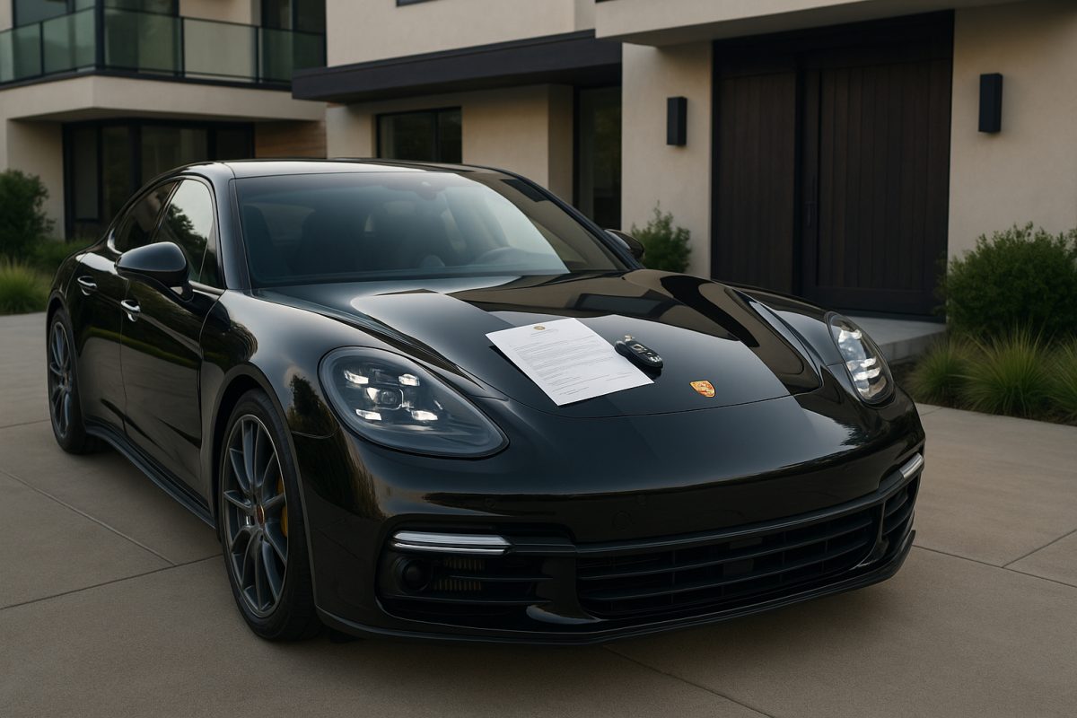 Photo hyperrealiste d'une Porsche noire devant une maison moderne