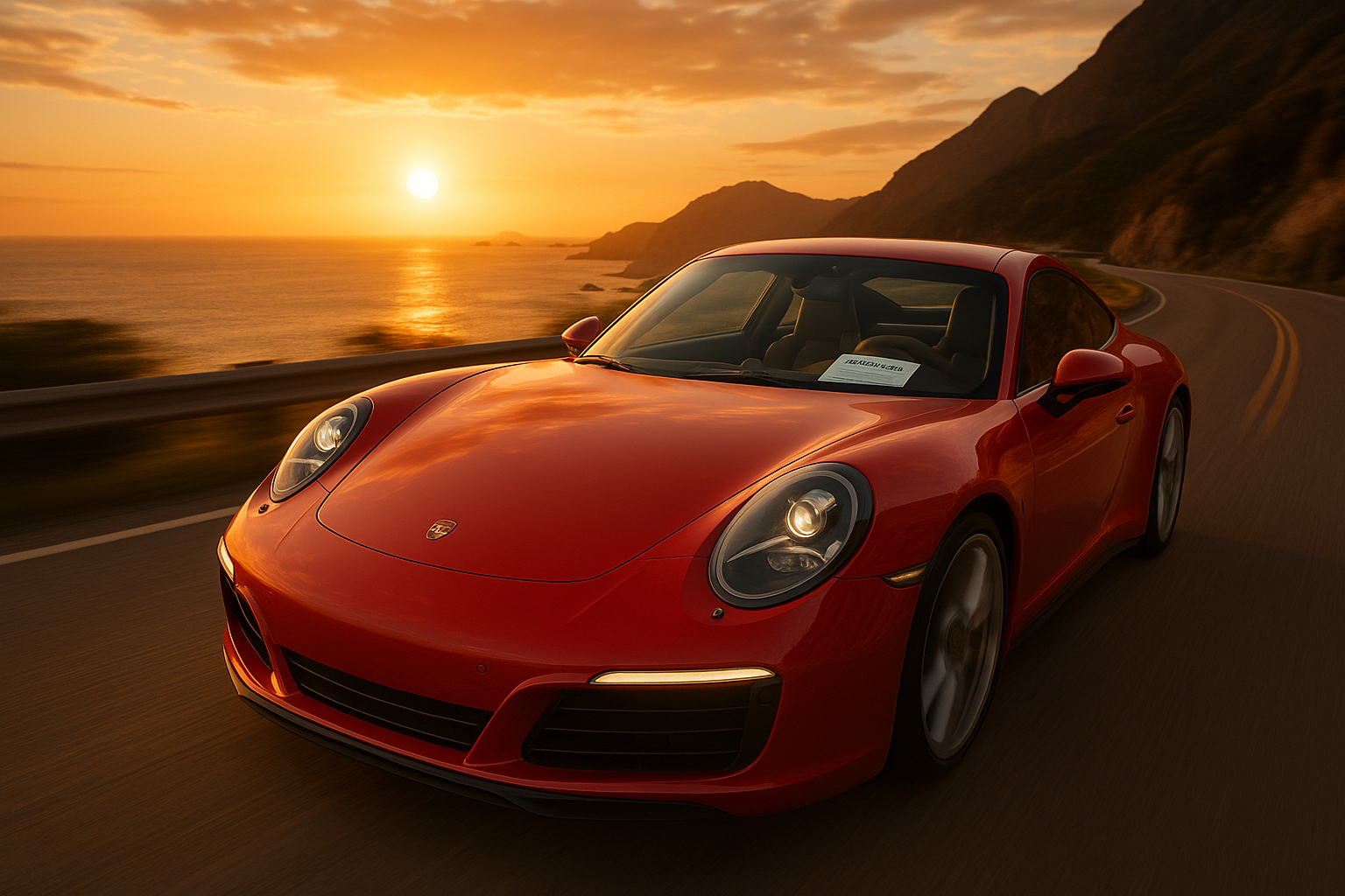 Porsche rouge roulant sur une route côtière au coucher du soleil