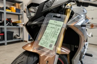 Porte vignette assurance moto transparent homologué fixé sur la fourche d'une moto sportive dans un garage