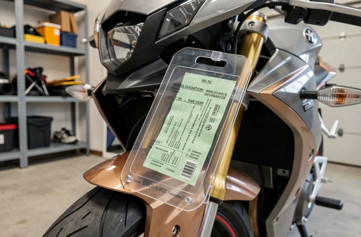 Porte vignette assurance moto transparent homologué fixé sur la fourche d'une moto sportive dans un garage