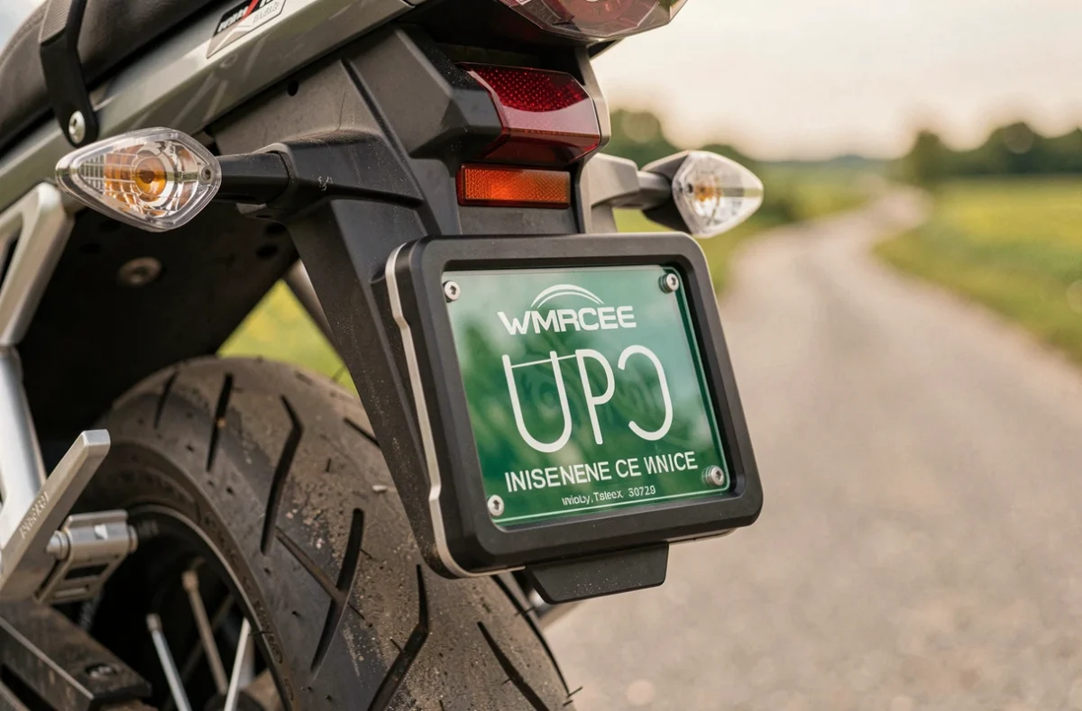 Porte vignette assurance moto fixé sur le support de plaque arrière d'une moto garée sur une route de campagne