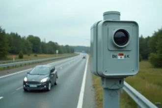 Radar fixe sur autoroute française flashant un véhicule avec plaque d'immatriculation temporaire TR