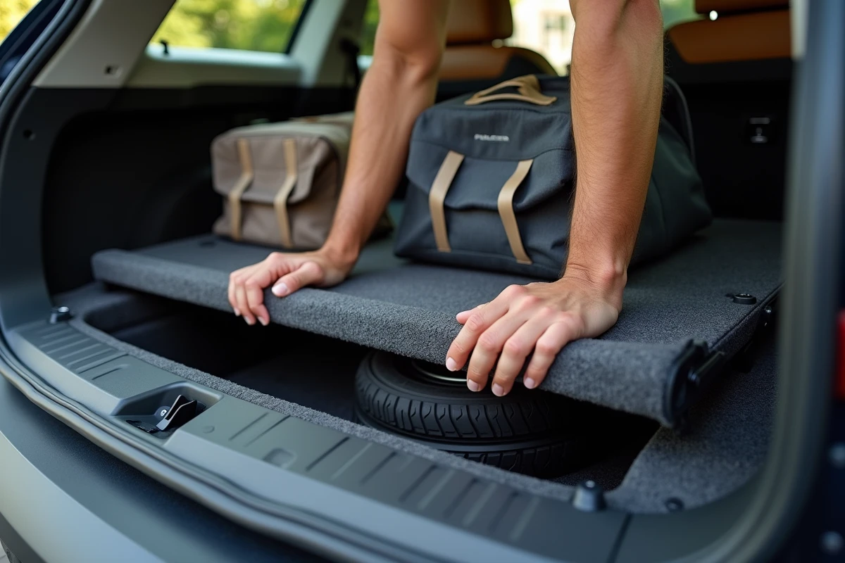 Rangement sous le plancher du coffre Peugeot 3008 avec kit de réparation et espace de rangement discret