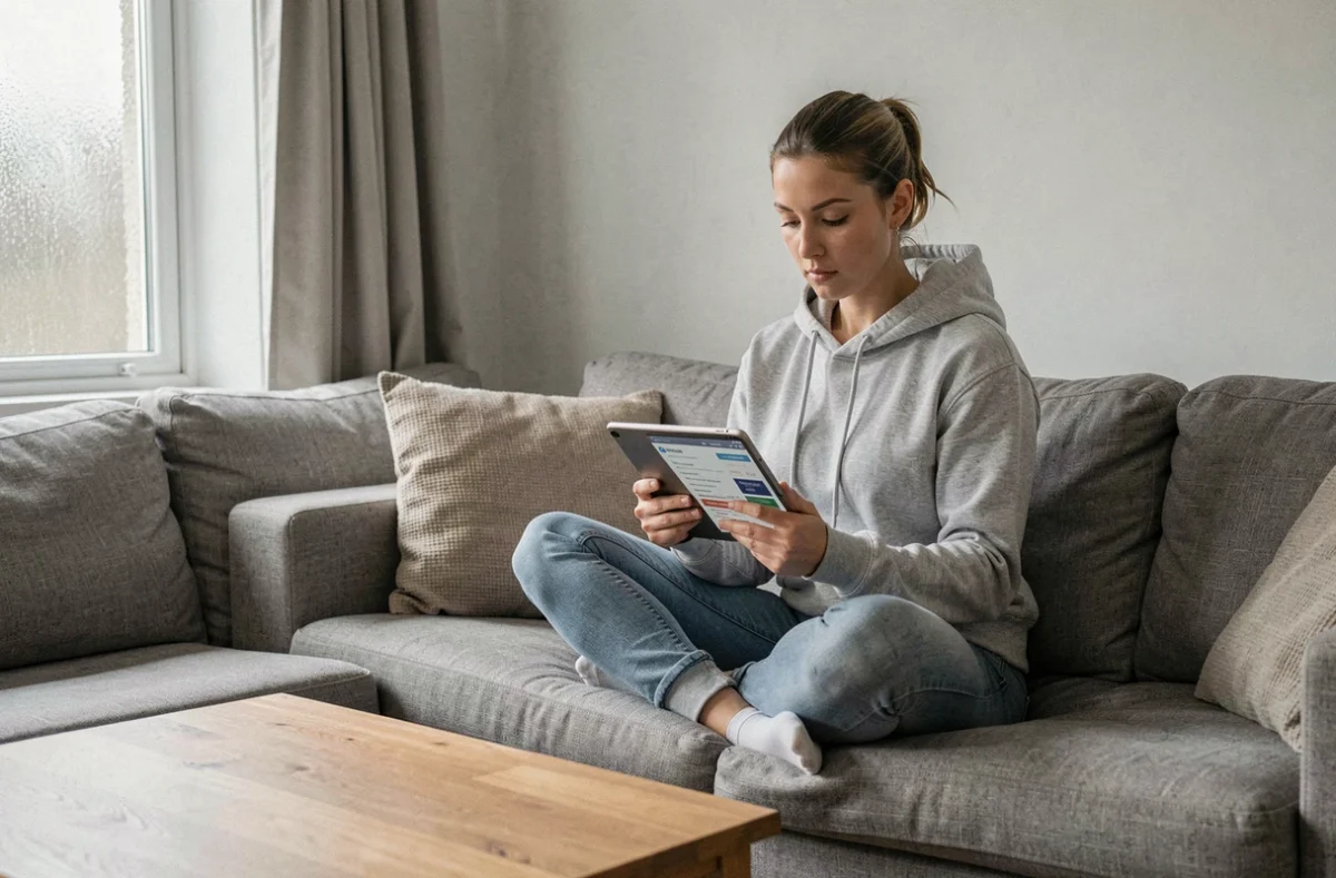 Une femme recherche une assurance moto pas chère sur une tablette depuis son salon